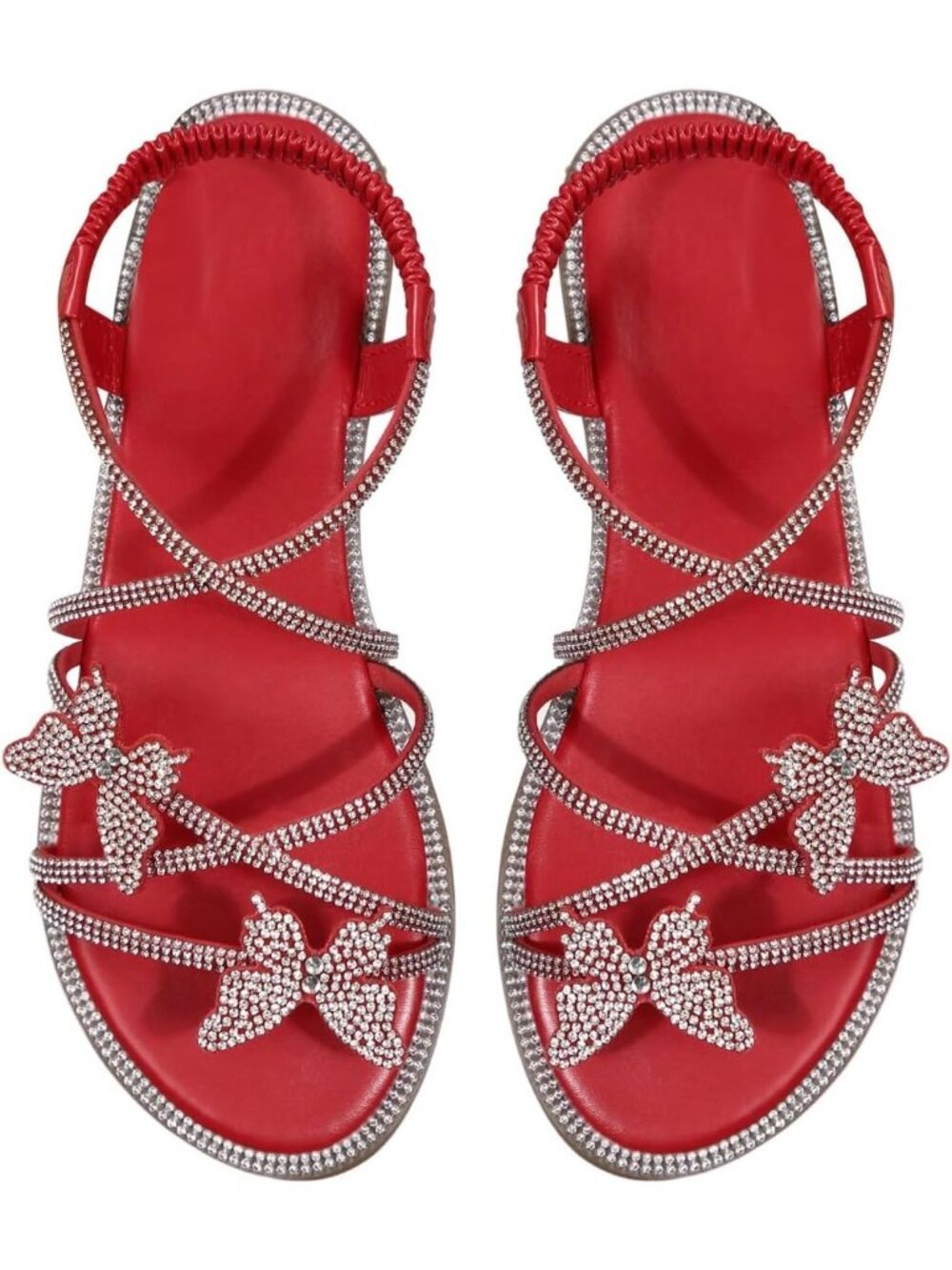 Women's Red Faux Suede Summer Glitter Open Toe Sparkly Rhinestone  Flat Sandals